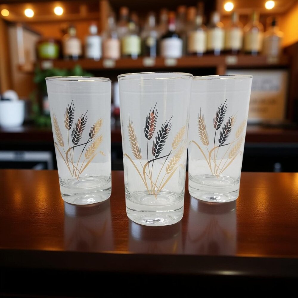 Vintage Homer Laughlin Wheat Pattern Drink Glasses Set Of 3 With Gold Rim